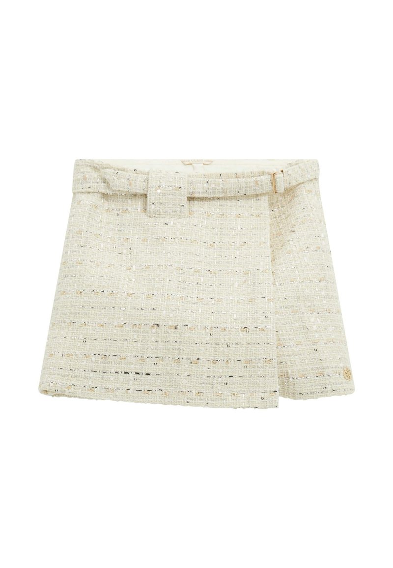 Mini sukně z tkaného materiálu v off-white barvě s texturovaným povrchem. Disponuje širokým poutkem na opasek a skrytým zapínáním vpředu.