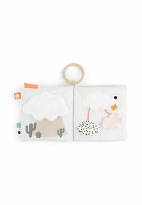 Libro para bebés de tela suave ilustrado con nubes, cactus y texturas lúdicas; los colores incluyen blanco, beige, negro, rosa y acentos en naranja.