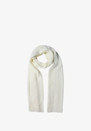 Sciarpa bianca lavorata a maglia con una texture a coste e motivi a treccia lungo i bordi. Ha una sensazione morbida e leggera, ideale per stratificare.