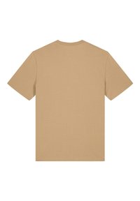 Kurzarm-T-Shirt in Beige, aus weichem Stoff gefertigt. Mit einem runden Halsausschnitt und einem minimalistischen Design ohne sichtbare Marken oder Muster.