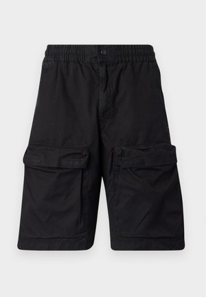 Schwarze Shorts aus strapazierfähigem Stoff mit elastischem Bund, zwei großen Cargo-Taschen auf jeder Seite und gestickten Details.