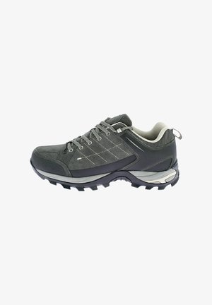 Scarpa da trekking grigia e nera con suola resistente, chiusura frontale con lacci, collarino imbottito e linguetta in tessuto sul tallone per uso esterno.