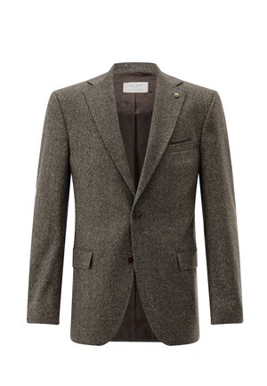 Braunes Tweed-Sakko für Herren mit Kerbkragen, Zwei-Knopf-Verschluss, Pattentaschen und innen sichtbarem dunklem Musterfutter.