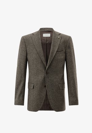 Braunes Tweed-Sakko für Herren mit Kerbkragen, Zwei-Knopf-Verschluss, Pattentaschen und innen sichtbarem dunklem Musterfutter.