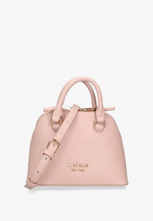 Petit sac à main rose en matériau synthétique texturé, avec des poignées doubles, une bandoulière détachable et des finitions en métal doré.