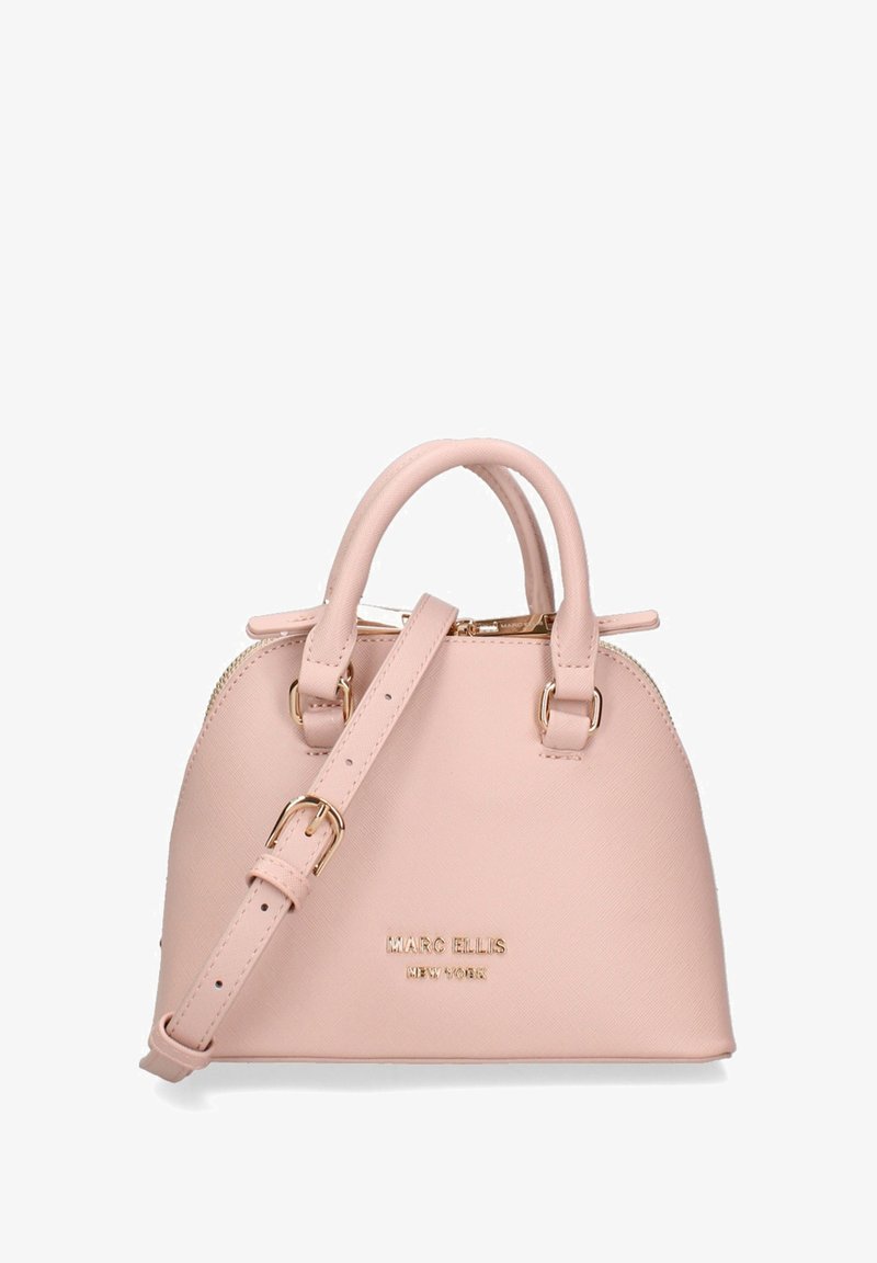 Piccola borsa a tracolla rosa realizzata in materiale sintetico testurizzato, con doppi manici, una tracolla removibile e dettagli in metallo color oro.