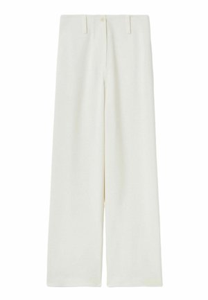 Pantalones blancos de cintura alta y pernera ancha con trabillas, botón frontal y cierre de cremallera sobre un fondo blanco.