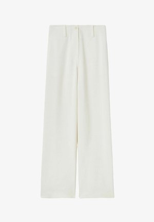 Pantalones blancos de cintura alta y pernera ancha con trabillas, botón frontal y cierre de cremallera sobre un fondo blanco.