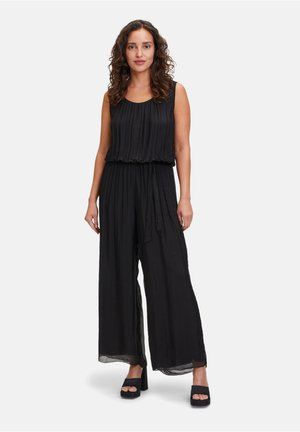 Schwarzer, plissierter Jumpsuit mit ärmellosem Oberteil und weiten, lockeren Beinen, ausgestattet mit einem elastischen Bund und einem gebundenen Detail an der Taille.