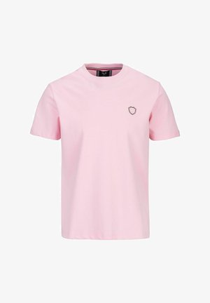 Rosa Baumwoll-T-Shirt mit Rundhalsausschnitt und kurzen Ärmeln, verziert mit einem kleinen Wappen-Logo auf der linken Brust. Weiche Textur.