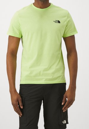 Mężczyzna ubrany w jasnozielony krótkowzowy t-shirt The North Face oraz czarne krótkie spodnie typu cargo z logo The North Face.