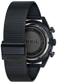 Sort rustfrit stål ur med en ribbet gummirem, cirkulært urskive, chronograph-funktioner og en lukning med brandnavnet "BREIL."