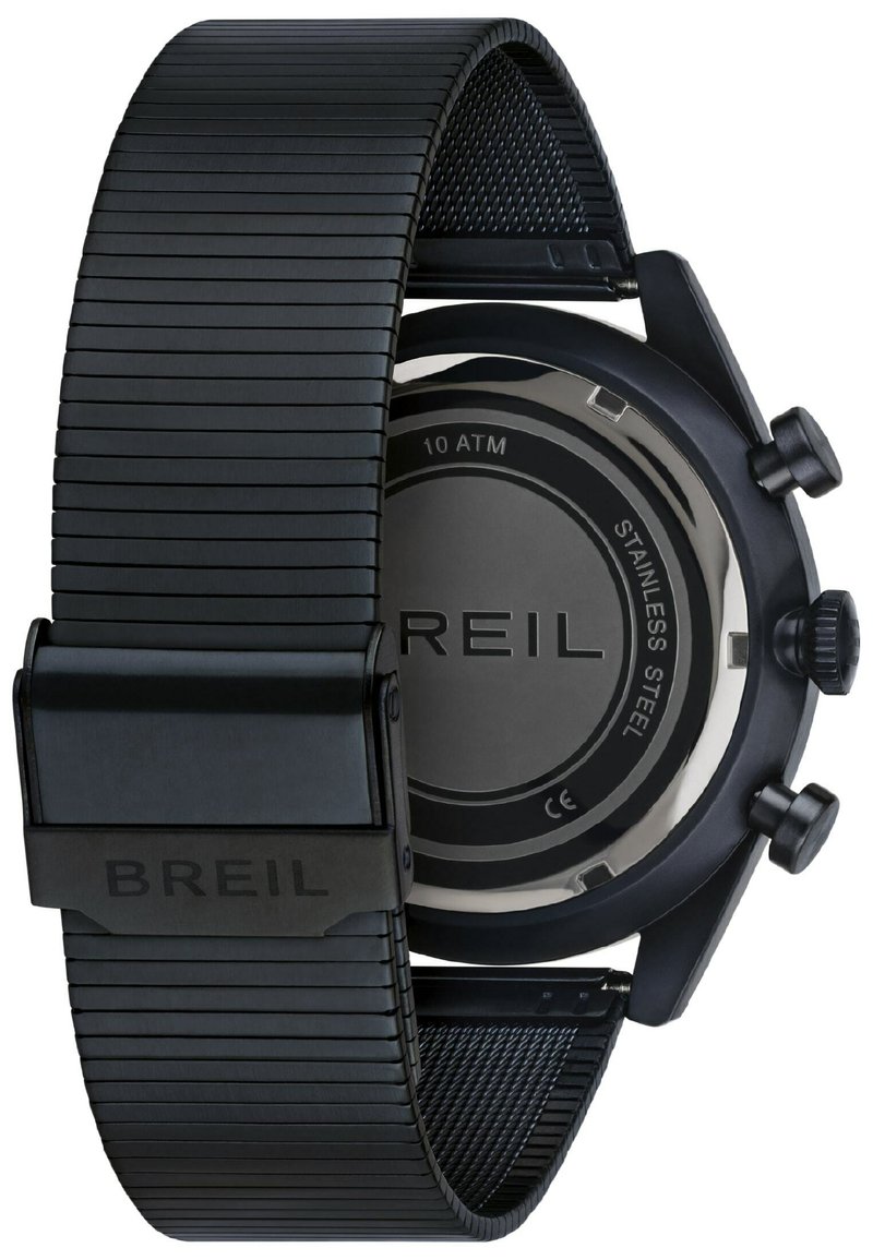Schwarze Edelstahl-Uhr mit einem gerippten Gummiband, runder Zifferblatt, Chronographenfunktionen und einem Verschluss mit dem Markennamen "BREIL."