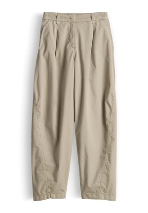 Pantalon décontracté beige clair avec une coupe ample, plis à l'avant, poches latérales et fermeture frontale dissimulée, présenté à plat sur un fond blanc.