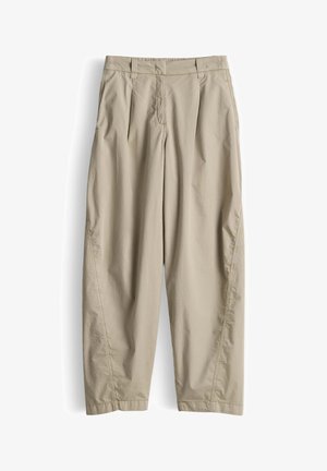 Pantalon décontracté beige clair avec une coupe ample, plis à l'avant, poches latérales et fermeture frontale dissimulée, présenté à plat sur un fond blanc.
