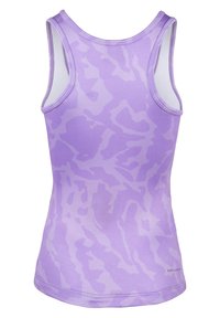 Paarse sporttanktop met een gestructureerd patroon, racerback ontwerp en een soepele stof. Logo bedrukt nabij de zoom.