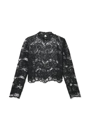 Top crop in pizzo nero con maniche lunghe, caratterizzato da motivi floreali e bordi ondulati. Colletto alto con chiusura a occhiello sul retro.