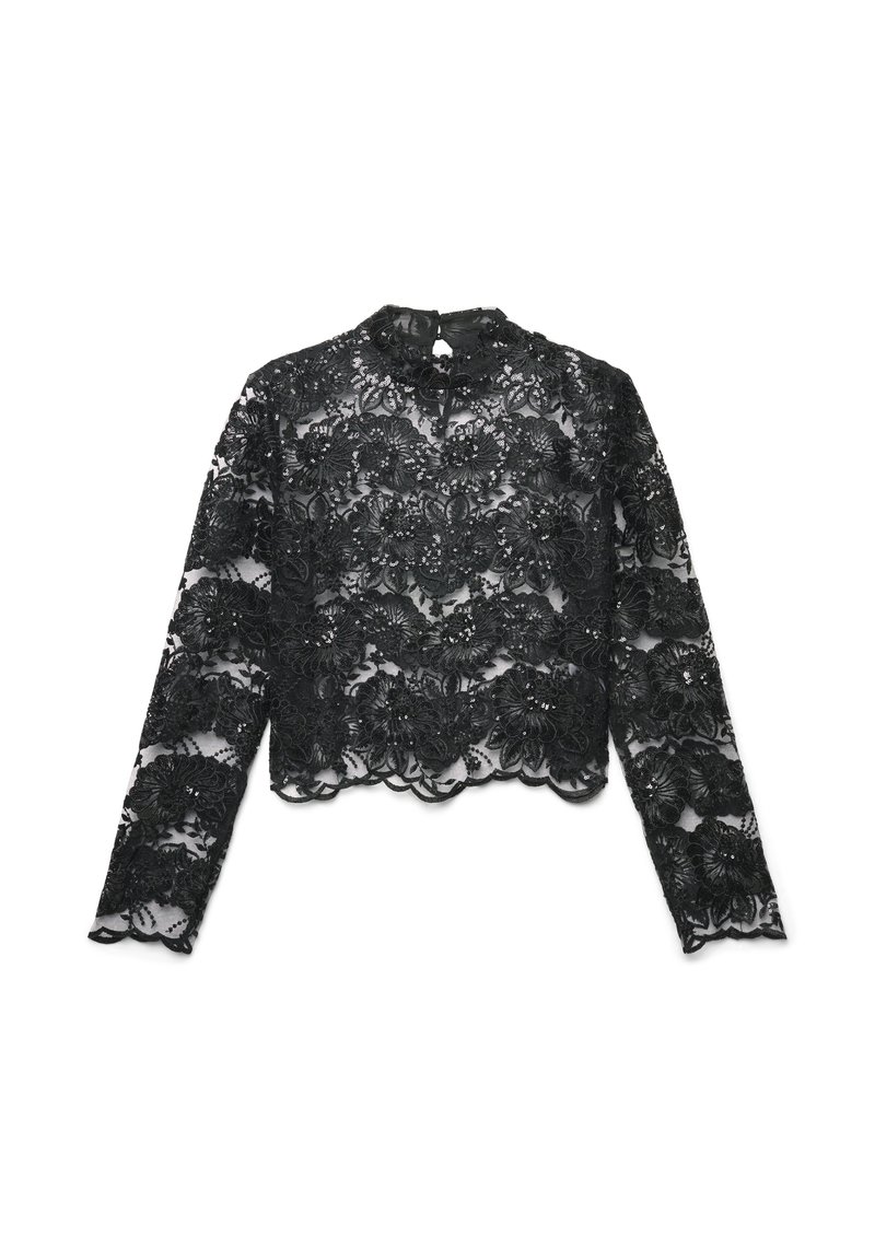 Top crop in pizzo nero con maniche lunghe, caratterizzato da motivi floreali e bordi ondulati. Colletto alto con chiusura a occhiello sul retro.