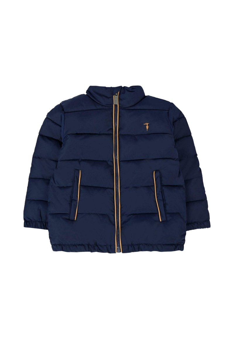 Granatowa kurtka puchowa z poziomym przeszyciem, zamek błyskawiczny z przodu, dwie boczne kieszenie z złotymi akcentami oraz wysoki kołnierz.