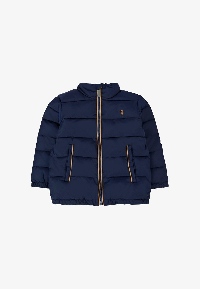 Giacca imbottita blu navy con design a righe orizzontali, zip frontale, due tasche laterali con dettagli dorati e colletto alto.