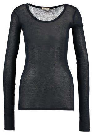 Black long-sleeve top made of sheer, lightweight fabric with a rounded neckline and fitted design. Smooth texture, no visible patterns or hardware.