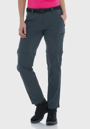 Pantaloni outdoor convertibili di colore grigio scuro, dotati di una cintura, tasche con zip e ginocchia articolate per una maggiore mobilità.