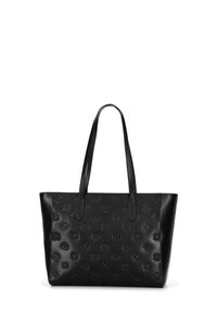 Borsa tote in pelle nera con motivi floreali e geometrici in rilievo. Presenta due manici robusti e una forma strutturata.