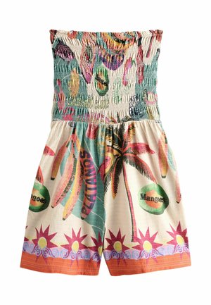 Mehrfarbiger gesmokter Crop-Top mit tropischen Früchte-Drucken, Palmenmotiv und Sonnenmustern am Saum. Leichter, strukturierter Stoff.