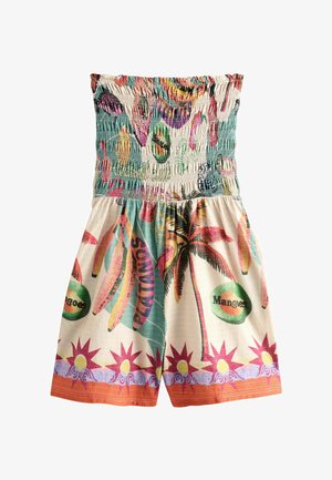 Multicolored smocked crop top with tropical fruit prints, palm tree design, and sun patterns along the hem. Lightweight, textured fabric.
