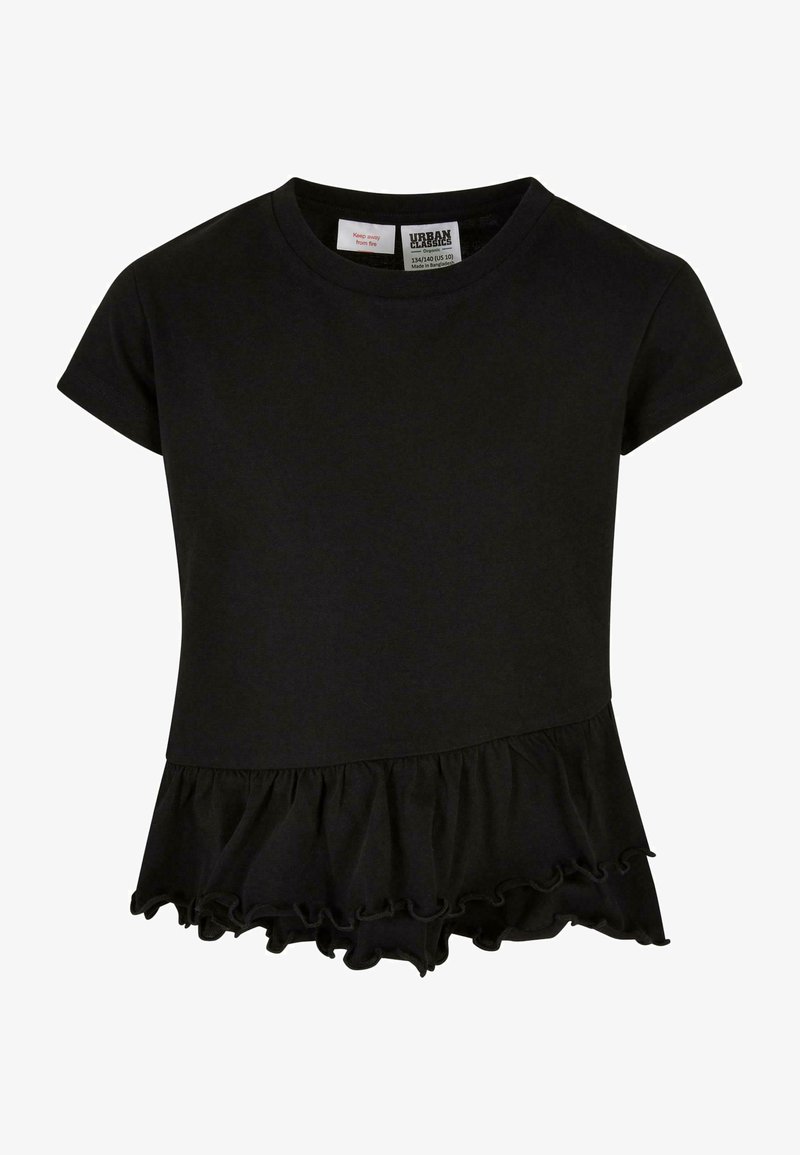 Černé tričko s krátkým rukávem a volánkovým lemem, vyrobené z měkké bavlněné tkaniny. Obsahuje klasický kulatý výstřih a štítek uvnitř.
