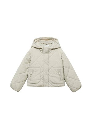 Chaqueta acolchada con capucha de color beige claro, con botones de presión frontales y bolsillos con cremallera, diseñada para abrigo y uso informal.