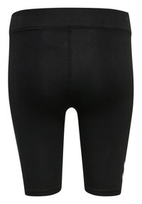 Svarta idrottsshorts gjorda av stretchigt tyg, med en slät yta och en enkel design med en liten vit logotyp på sidan.