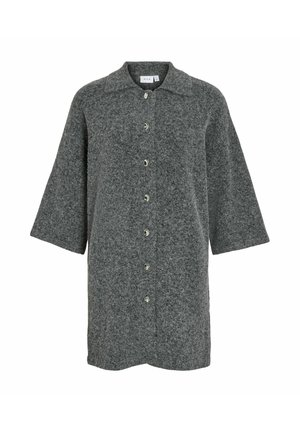 Giacca camicia grigia con bottoni, realizzata in tessuto texture. Presenta maniche corte e colletto, con sei bottoni circolari lungo la parte frontale.