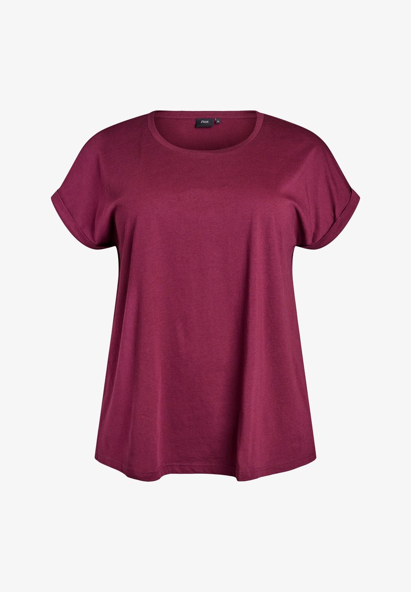 Burgundské tričko s krátkým rukávem, kulatým výstřihem, volným střihem a ohrnutými rukávy. Měkká textura, minimální švy, žádné viditelné vzory.