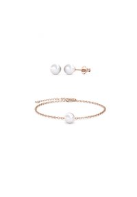 Un paio di orecchini a bottone con perle e un bracciale abbinato con una sola perla, montati su una catena in oro rosa. Perle lisce e rotonde con finitura lucida.