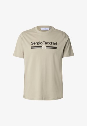 Beżowy bawełniany T-shirt z czarnym graficznym logo "Sergio Tacchini" oraz poziomymi paskami. Krótkie rękawy, okrągły dekolt, standardowy krój.