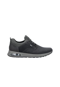 Dark gray sneakers made of leather and synthetic material. Features include laces, a textured side panel, and visible air cushioning in the sole.