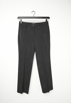 Black trousers with a tailored fit, featuring two front pockets, a zip fly, and a straight leg design. Smooth fabric with no visible patterns.
