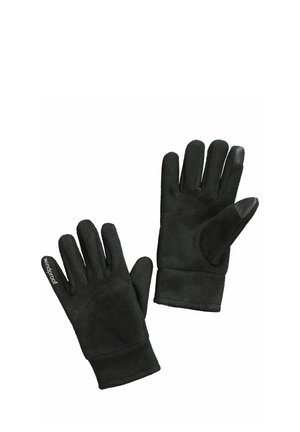 Paar schwarze winddichte Handschuhe mit verstärkten Fingerspitzen an Daumen und Zeigefinger, entwickelt für die Nutzung bei kaltem Wetter.