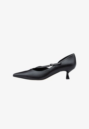 Black leather pointed-toe pump with a low square heel and ankle strap. Smooth texture with a polished finish, featuring a cutout design.