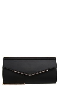 Borsa a pochette nera con superficie testurizzata, dotata di trim in metallo color oro e design a patta angolare. Include una tracolla rimovibile.