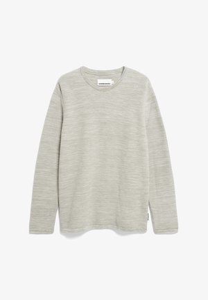 Lichtgrijze lange mouwen trui met een gestructureerd breipatroon. Heeft een ronde halslijn en zijsplitten aan de zoom. Merkenlabel zichtbaar.