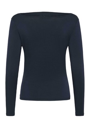 Haut à manches longues en tissu de coton navy, avec un large col, un design cintré et une texture simple et lisse sans motifs ni embellissements.