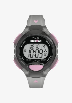 Digital sportsur med sort urskive, grå krop og pink detaljer. Funktioner inkluderer vandtæt design og flere funktionsknapper.