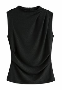 Mustata ilma varrukat tops, mille esiosas on kerge rippumine ja seljal väike tõmblukk kaeluse juures.