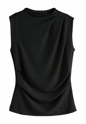 Top negru fără mâneci cu o ușoară drapare în față și un mic fermoar la gâtul din spate.