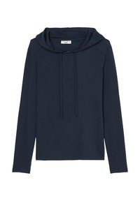 Navyblauwe hoodie met lange mouwen, gemaakt van zacht materiaal, met een trekkoord bij de hals en een relaxte pasvorm. Geen patronen of accenten.