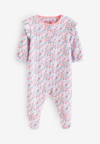 Pastelsetes toonides lillemustriga beebibody, millel on helesinine põhi, roosad aktsendid, volangiliste varrukatega ja jalaga disain.