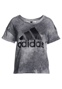 Black and gray short-sleeve t-shirt made of a textured fabric featuring a large black Adidas logo on the front. Round neck design.