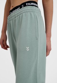Hellgrüne Sweatpants mit elastischem Bund, zwei seitlichen Taschen und einem kleinen weißen Chevron-Logo auf dem Oberschenkel. Weicher, strukturiertes Material.